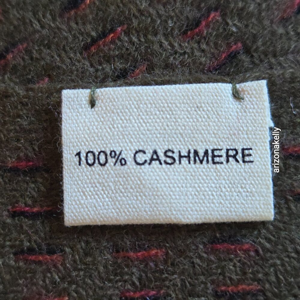 NWOT Cashmere Woven Scarf Olive Green With Black + Orange Weave Detail - Picture 4 of 16